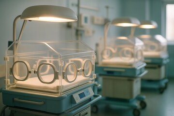 Empty Infant Incubators in a Hospital Neonatal Unit Under Soft Lighting With Shallow Depth of Field Showing Three Incubators in a Row