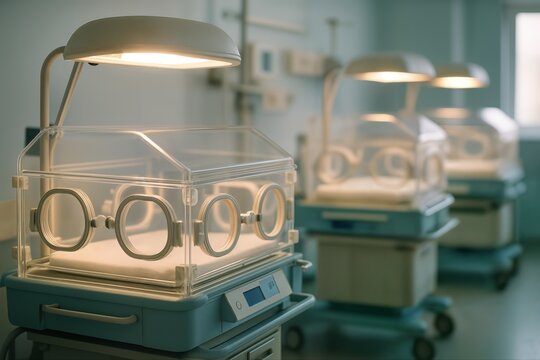 Empty Infant Incubators in a Hospital Neonatal Unit Under Soft Lighting With Shallow Depth of Field Showing Three Incubators in a Row