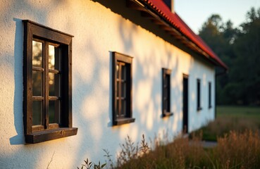 A rustic house with multiple windows illuminated by warm sunlight in a rural setting
