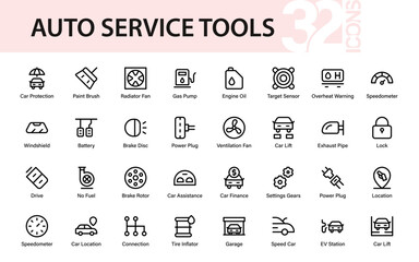 Auto Service Tools icons for car assistance, maintenance, diagnostics, and service, perfect for web, apps, and automotive-related designs.