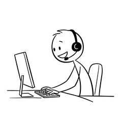 Cartoon man using computer with headset while providing customer support  