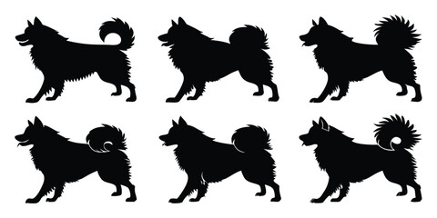 Collection of six black silhouettes of a spitz type dog in various poses