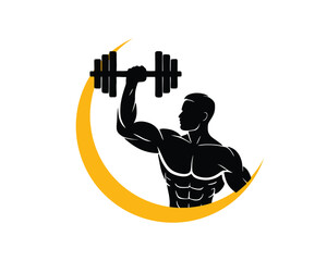 Gym Logo: Muscular Man with Barbell and Stars for Fitness and Strength Branding