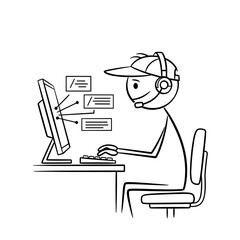 Stick figure customer support agent communicating via computer  