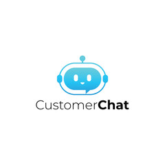Modern customer chat logo combining chat bubble, headphone, and robot elements. Perfect for customer service, support app, technology brand, or AI communication design.