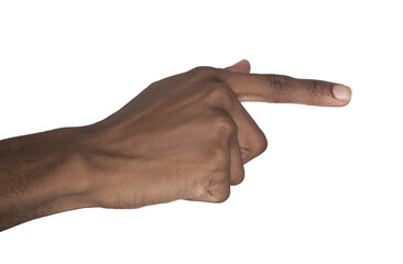 Hand pointing sideways with extended index finger in interactive pose. Black skin male making touch