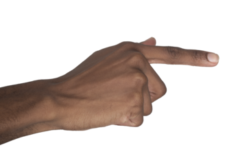 Hand pointing sideways with extended index finger in interactive pose. Black skin male making touch