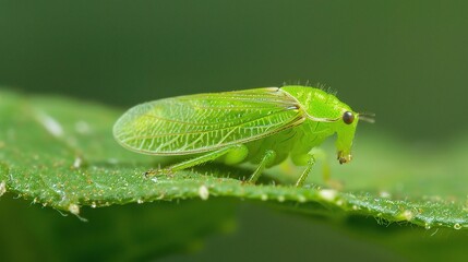 Close-up of a tiny leafhopper resting on a fresh green leaf, showing its delicate body, transparent wings and intricate details. The insect blends with natural foliage, representing nature, wildlife, 