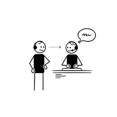 Two stick figures communicating in customer support scenario  