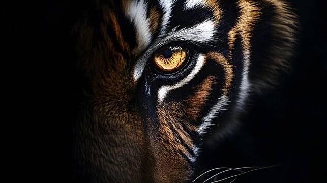 Striking portrait presents the intense gaze of a big cat, showcasing the eye with detailed textures and warm, golden hues, set against a deep, shadowy backdrop that highlights the animal's powerful