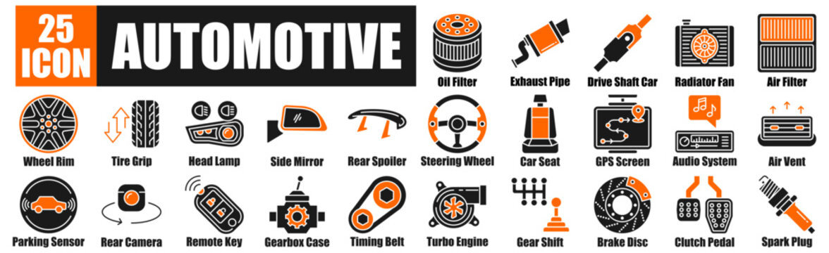 Automotive icon pack collection set for Oil Filter, Exhaust Pipe, Drive Shaft Car, Radiator Fan, Air Filter.