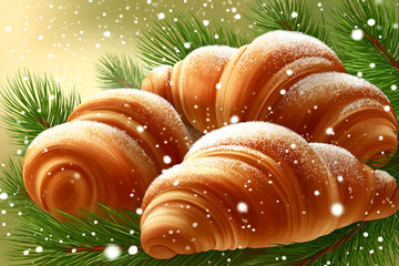 Christmas background composed of croissants and cinnamon pastries, adorned with snowflakes and pine branches, creating a festive holiday atmosphere, warm holiday spirit