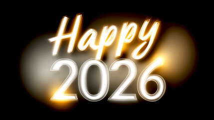 Neon light sign reading Happy 2026 against a dark background, creating a modern and vibrant atmosphere for celebration and joy