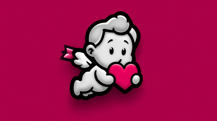 Minimalist illustration of a cute cupid holding a heart, with vibrant colors and playful design, perfect for romantic themes and celebrations