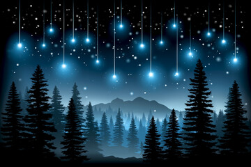 Meteor shower streaking across a starry night sky, illuminating a serene forest landscape with vibrant blue hues and a mystical ambiance