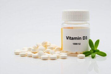 Bottle of Vitamin D3 Supplements with White Tablets and Fresh Green Leaves Illustrating Health and Wellness