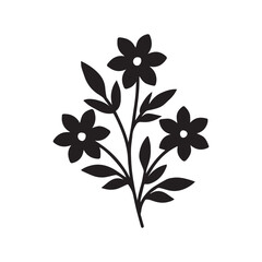 Simple dark silhouette of a delicate floral branch with three blooming flowers and leaves on a white background