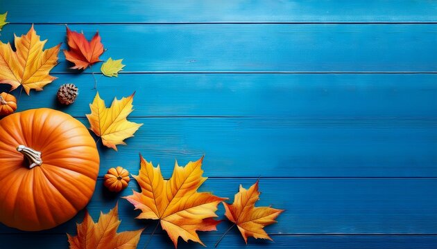 Happy Thanksgiving Day With Maple Leaves And Pumpkin On Blue Background Autumn Greeting Card Template With Rustic Wooden Style Seasonal Harvest Decoration Festive Nature Leaves Orange And Yellow - Powered by Adobe