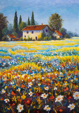 Tuscan countryside landscape artwork with blooming wildflower field