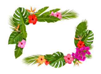 Tropical floral frame with blank white space for text isolated on transparent background