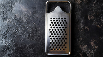 Stainless steel grater with minimalist design is placed on textured dark surface, showcasing its sleek and functional appearance
