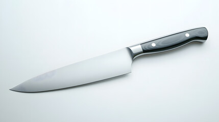 Stainless steel chef knife with sleek black handle is isolated on clean background, showcasing its sharp blade and ergonomic design. Perfect for professional kitchen use