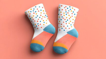 Colorful polka dot socks on peach background, featuring vibrant blue, orange, and pink accents, evoke playful and cheerful vibe. Perfect for adding fun touch to any outfit