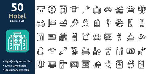Hotel icon set in Outline style. Minimilist and trendy Icon set. Containing Icons,Air conditioner,Wifi,Washing machine,Towel,Toothbrush,and so on.