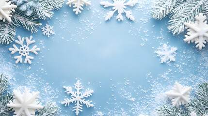 Snowflakes and frosted pine branches create festive winter border on blue background, evoking serene and joyful holiday atmosphere