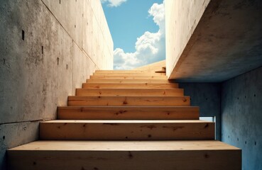 Concrete stairs leading upward between modern architectural structures with a bright sky background