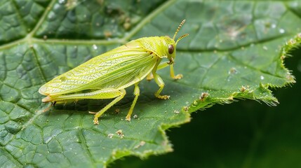 Obraz premium Close-up of a tiny leafhopper resting on a fresh green leaf, showing its delicate body, transparent wings and intricate details. The insect blends with natural foliage, representing nature, wildlife, 