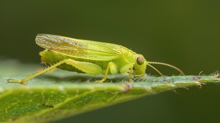 Fototapeta premium Close-up of a tiny leafhopper resting on a fresh green leaf, showing its delicate body, transparent wings and intricate details. The insect blends with natural foliage, representing nature, wildlife, 
