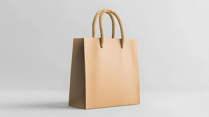 Brown shopping bag with rope handles is isolated against plain background, showcasing simple and elegant design. bag texture and color create natural and eco friendly appearance