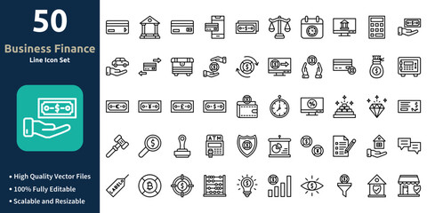 Business And Finance icon set in Outline style. Minimilist and trendy Icon set. Containing Icons,Debit card,Bank,Credit card,Mobile banking,Note,and so on.