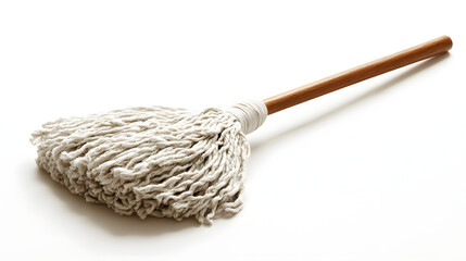 Simple mop with wooden handle is isolated on white background, showcasing its practical design and functionality for cleaning tasks