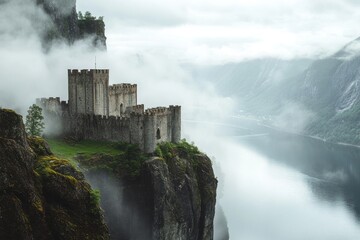 Fog-covered Scandinavian castle perched atop cliff