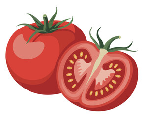 Illustration of a whole red tomato and a sliced tomato with seeds