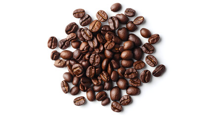 Pile of roasted coffee beans is isolated white background, showcasing their rich brown color and glossy texture. beans are scattered randomly, highlighting their natural shape and inviting aroma