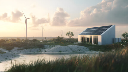 Modern house with solar panels on roof is set in serene landscape with wind turbines in background, reflecting sustainable and eco friendly lifestyle