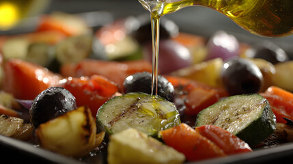 Roasted vegetables on baking tray with olive oil drizzled over them, including zucchini, tomatoes, and olives, creating vibrant and appetizing scene