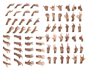Hand sign set with counting, heart, shaka, and fist poses. Black skin male making various expressive