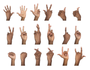 Hand sign collection with peace, thumbs up, heart, and fist poses. Black skin male making diverse