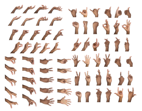 Hand sign set with counting, heart, shaka, and fist poses. Black skin male making various expressive