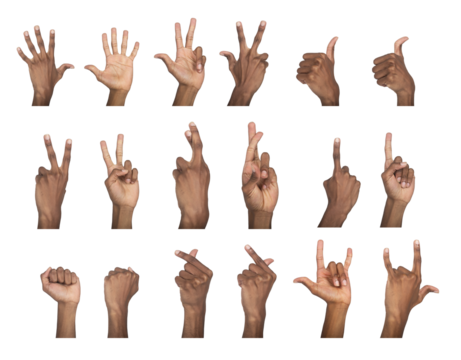 Hand sign collection with peace, thumbs up, heart, and fist poses. Black skin male making diverse