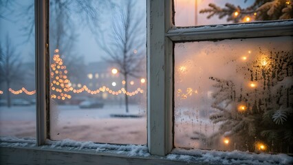 Cozy winter scene through a frosty window featuring Christmas lights and a decorated tree creating a festive holiday atmosphere