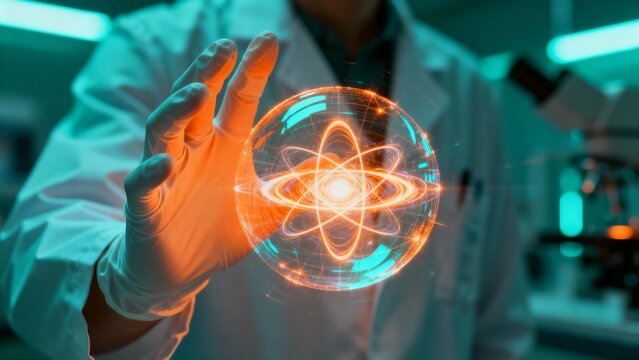 Scientist Holding a Glowing Atom in Laboratory Innovation and Scientific Advancement Concept