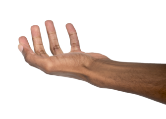 Hand with cupped palm and curved fingers in open pose. Black skin male reaching out as if holding or