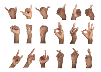 Hand sign set with shaka, thumb up, ok, and pointing poses. Black skin male making expressive