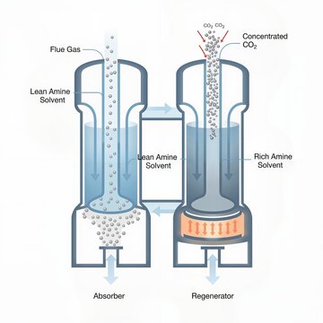 diagram of a chemical process for carbon capture, illustrating the absorber (where CO2 is captured by lean amine) and the regenerator (where concentrated CO2 is released from the rich amine