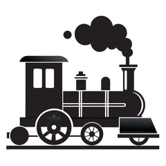 Vintage Steam Locomotive Vector Icon,  Black Train Silhouette, Isolated on White Background